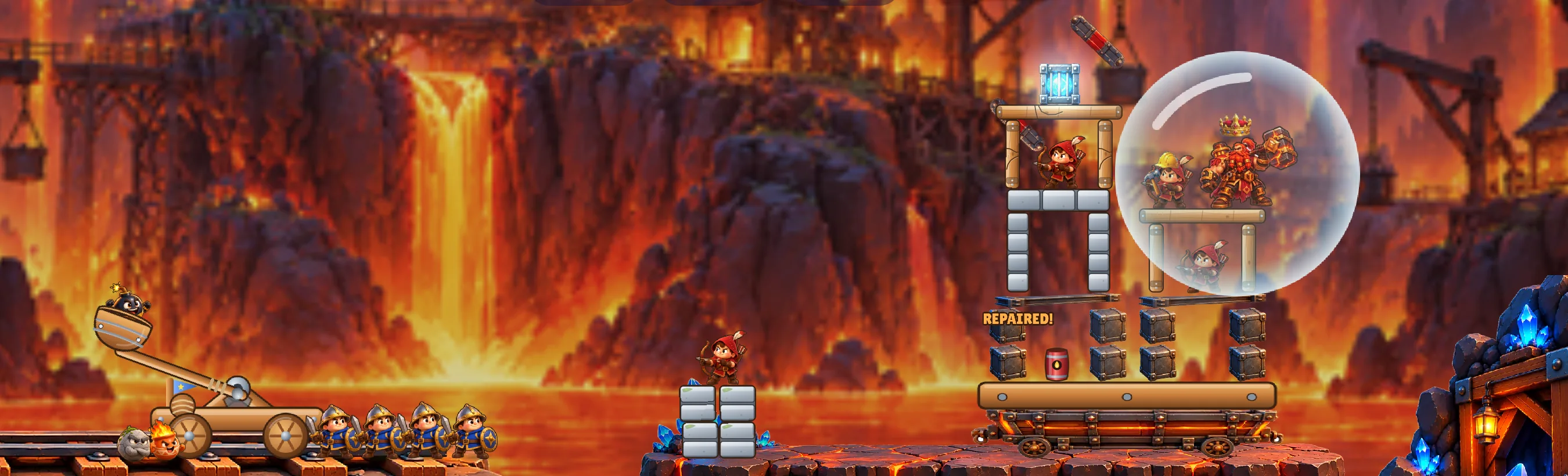 Level 40, The Foundry: the Forgemaster boss sits inside a shield bubble on a fortress on rails.