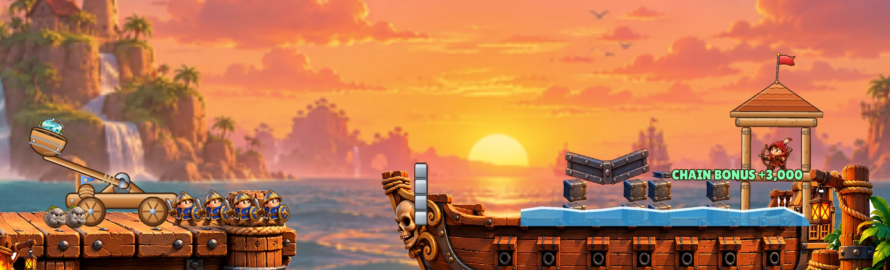 A catapult on a wooden dock aims at a pirate ship fortress at sunset, with a chain bonus of 3,000 points on screen.